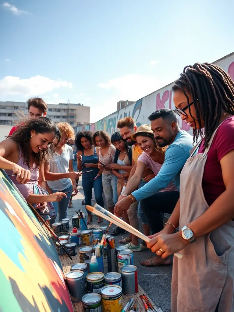 A dynamic image of a diverse group of artists collaborating on a mural in a community space managed by 2117, showcasing the organization's commitment to public art and community engagement.