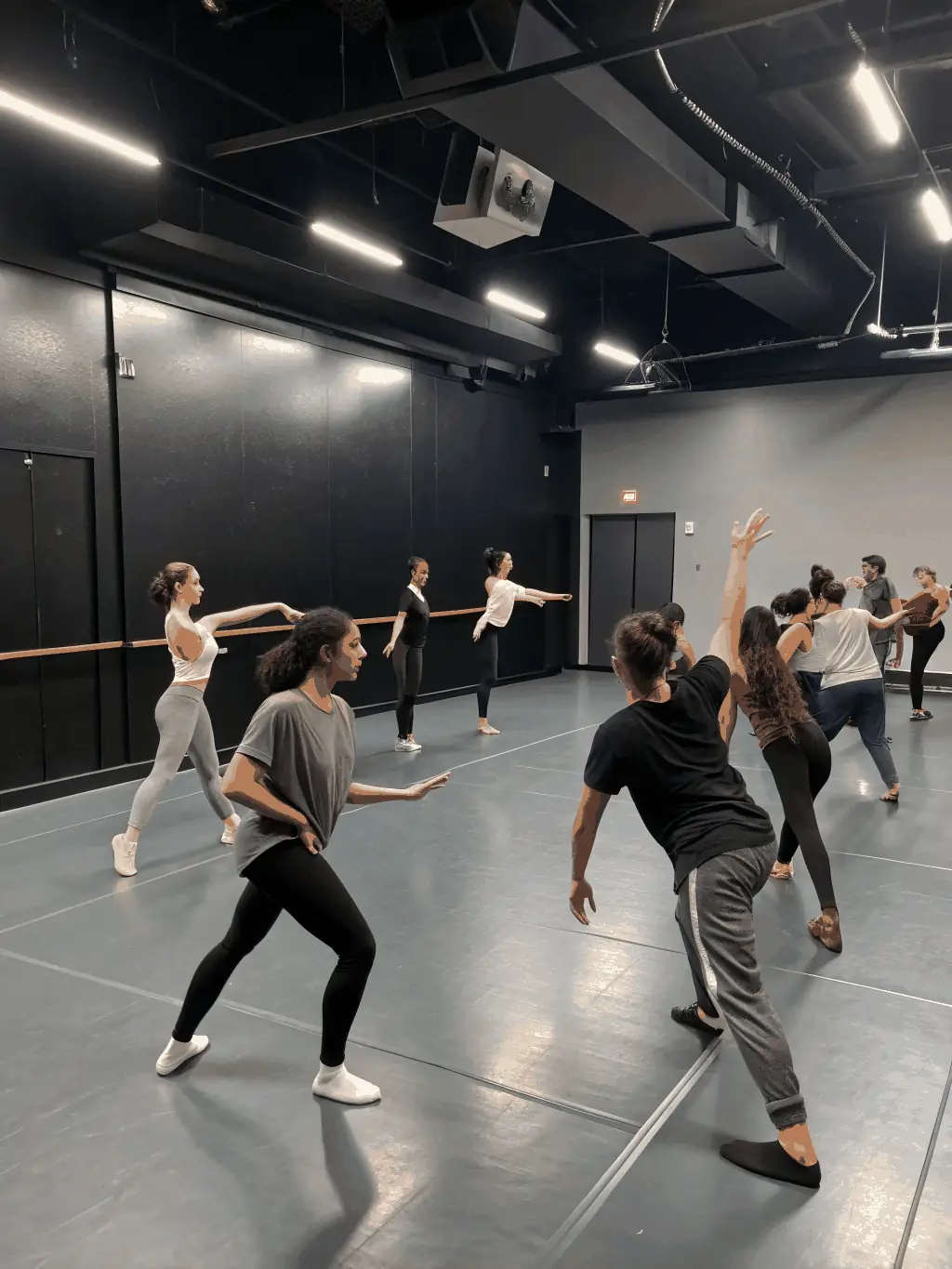 A photo of a dance workshop in a rehearsal studio managed by 2117, showing participants of various ages and backgrounds learning new dance moves.
