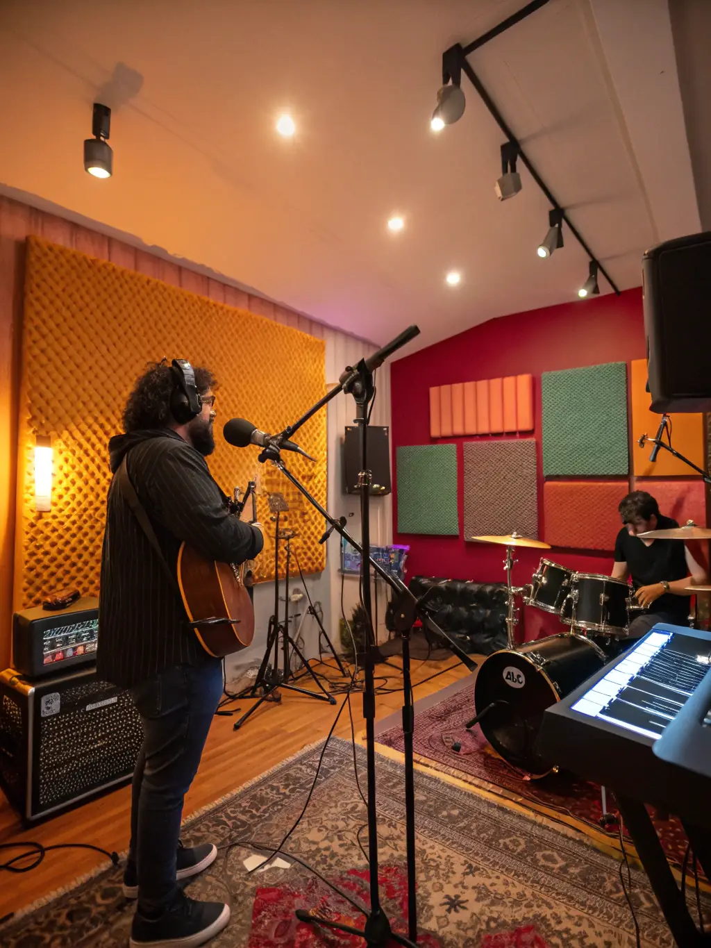 A recording studio with musicians collaborating, illustrating 2117's provision of recording facilities.